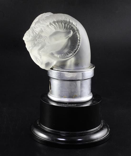 Tête de Belier/Rams Head. A glass mascot by René Lalique, introduced on 3/2/1928, No.1136 Height overall 14cm.